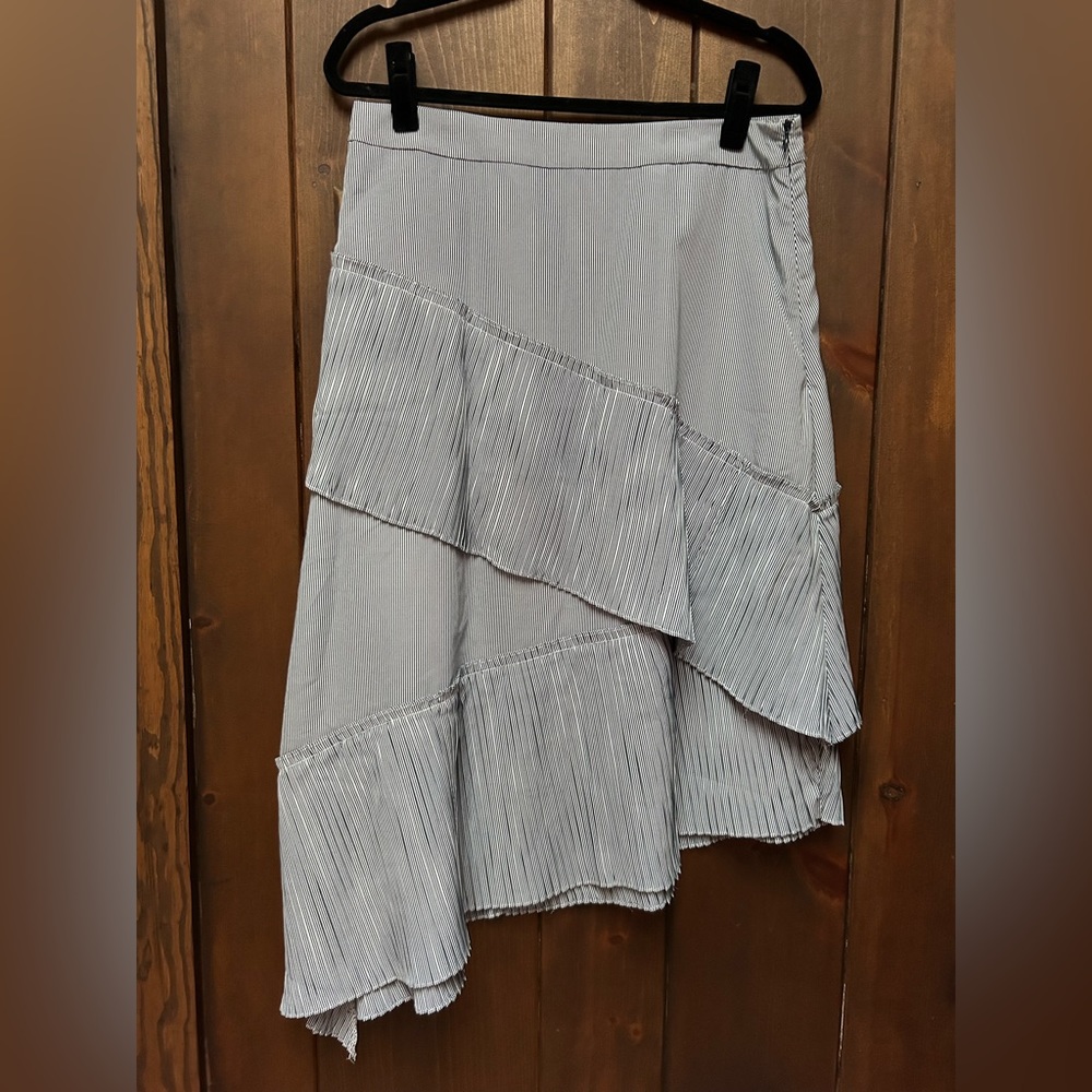 Asymmetrical Midi Skirt with Ticking Pattern and Pleating